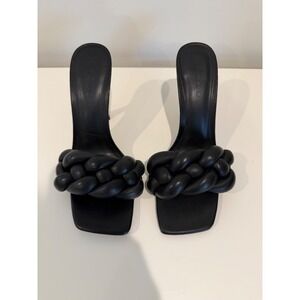 Mango Black Braided Leather Mule Sandals, Slip On, Heeled, Square Toe, Size 8